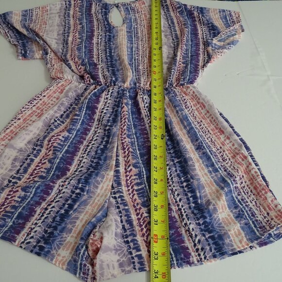 Bibi Stripe Multicolor Short Sleeve V-Neck Romper Women Size M Tie Waist Keyhole - Picture 10 of 11